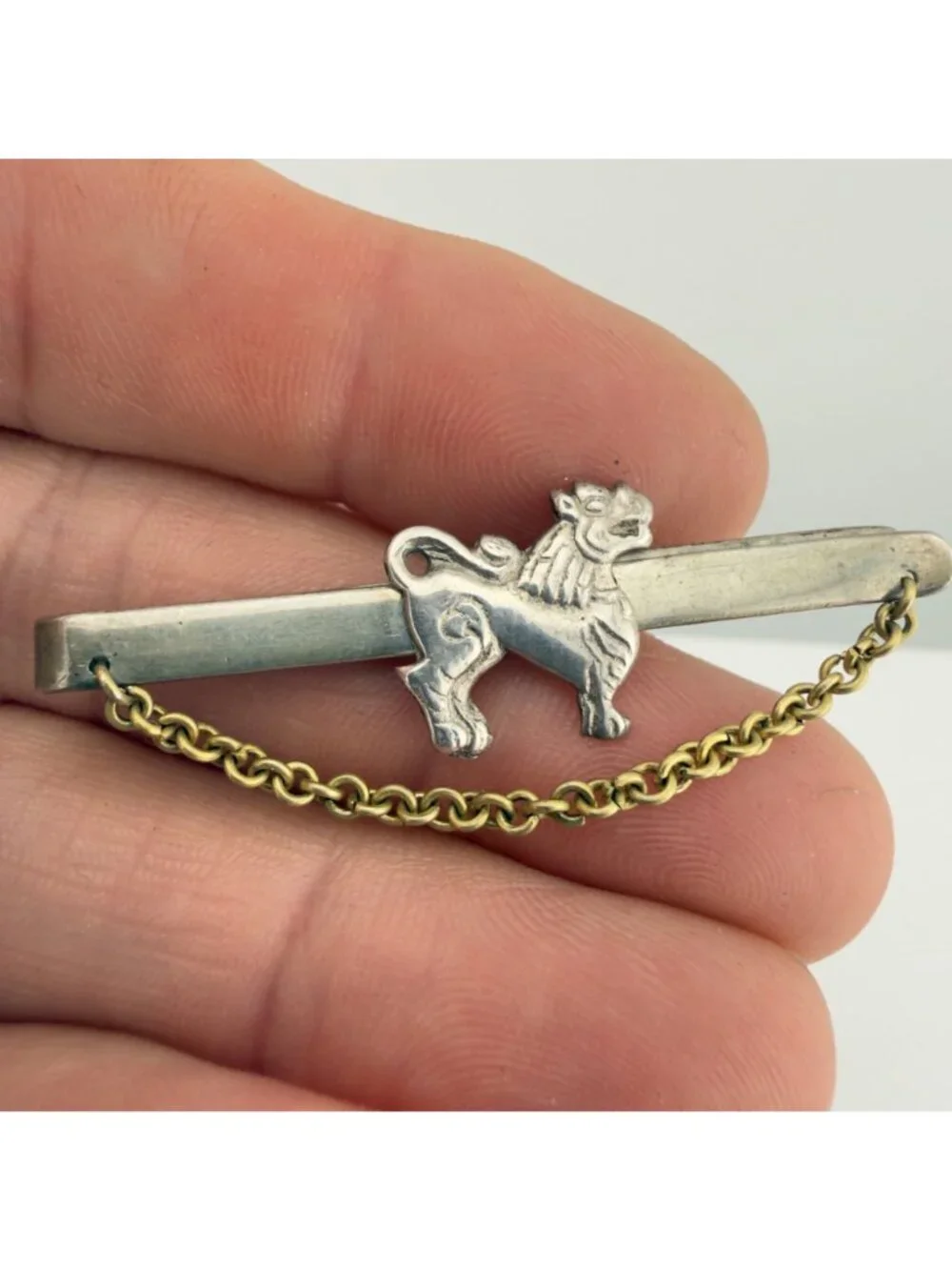 Vintage Nepal Guardian Lion Tie Bar Set of 2 Figural Silver Tone
